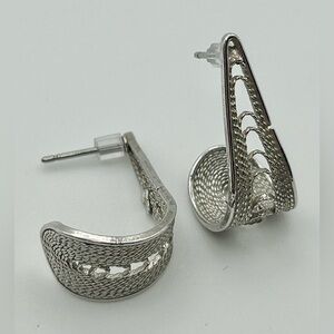 Silver Tone Rope Twist Filigree Earrings with Curved Half-Wrap Bottom